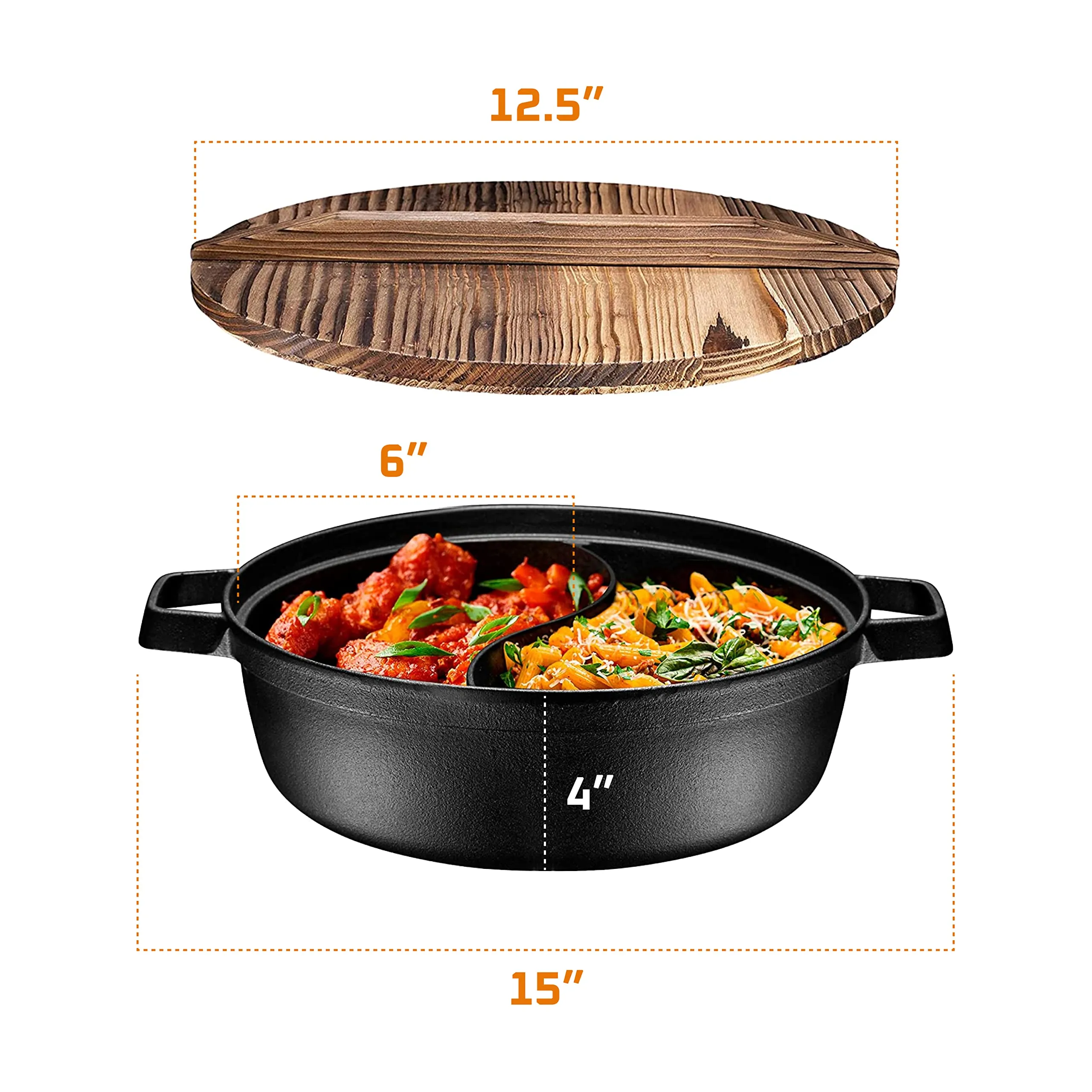 PreSeasoned 2-In-1 Cast Iron Shabu Shabu Hot Pot With Wooden Lid, Heavy Duty 5 Quart Dutc