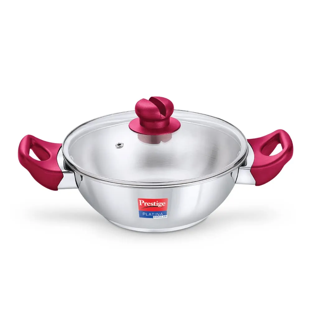 Prestige Platina Popular Stainless Steel Gas and Induction Compatible Kadai with Glass Lid, 200 mm