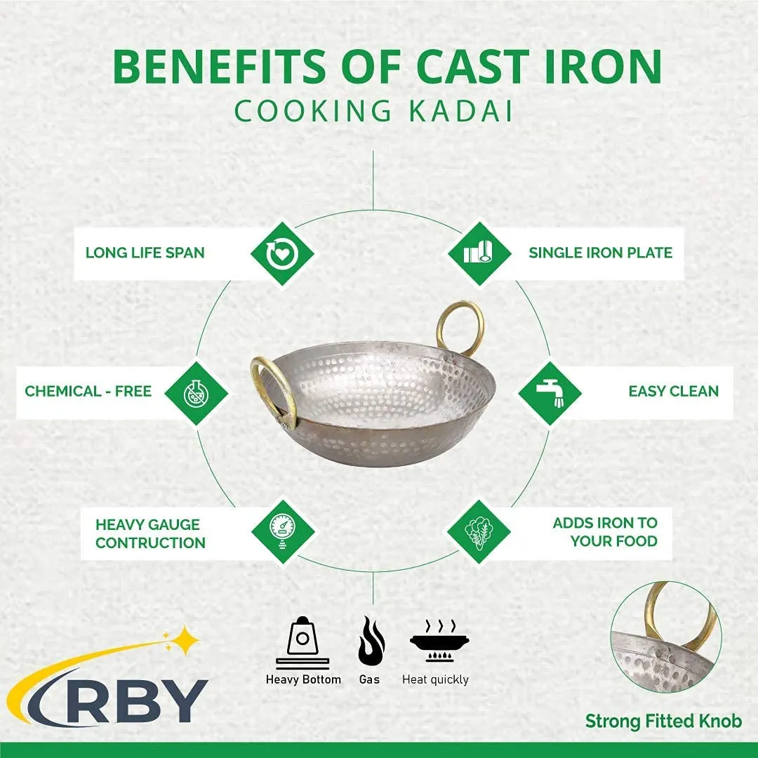 RBY Heavy Base Iron Matthar/Hammered Kadhai | Kadai with Handle for Kitchen | Deep Frying Kadai (5 LTR)