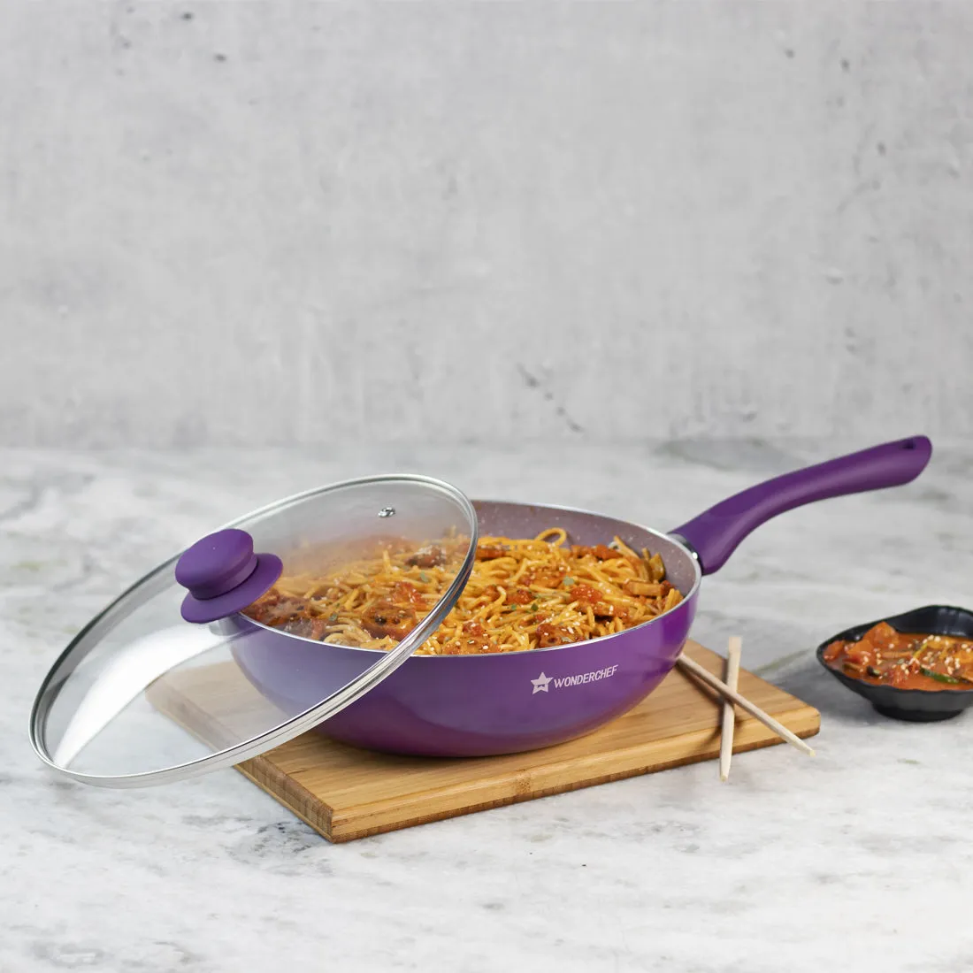 Royal Velvet 24 cm Aluminium Non-stick Wok With Lid, 2.7 L, Purple