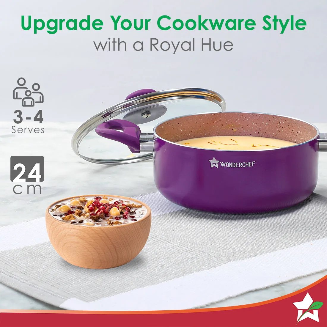 Royal Velvet 24cm Casserole with Glass Lid I Induction Ready | Soft-touch handles |Non – Toxic I Virgin Aluminium| 3 mm thick | 4.5 litres | 2 year warranty | Purple