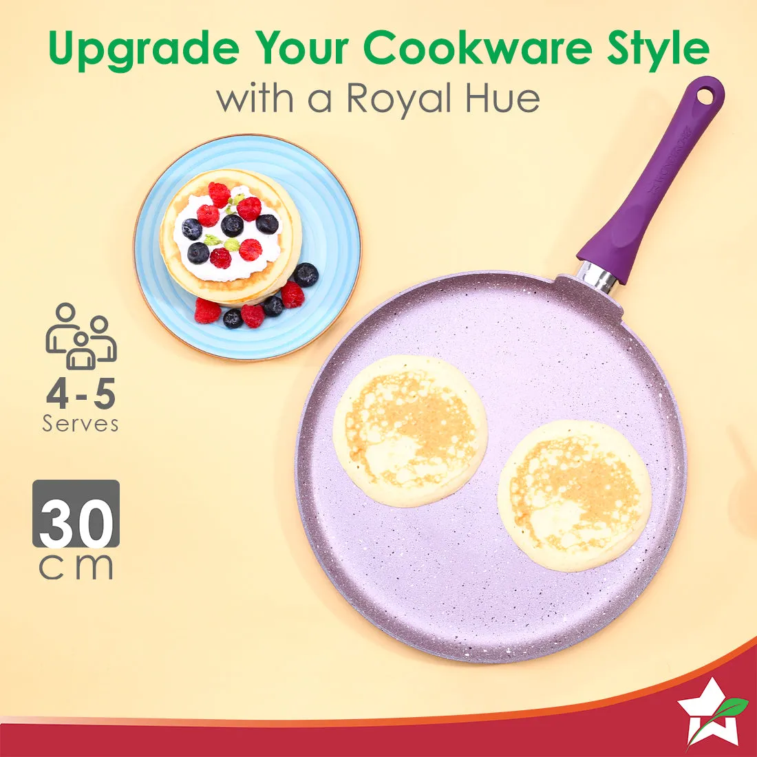 Royal Velvet Non-stick 30cm Dosa Tawa I Induction Ready | Soft-touch handles |Non – Toxic I Virgin Aluminium| 3 mm thick | 1.8 litres | 2 year warranty | Purple