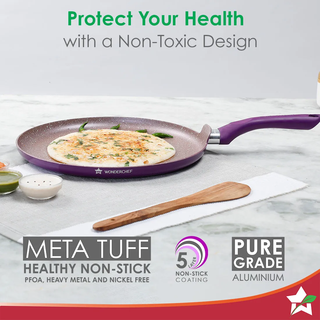 Royal Velvet Non-stick 30cm Dosa Tawa I Induction Ready | Soft-touch handles |Non – Toxic I Virgin Aluminium| 3 mm thick | 1.8 litres | 2 year warranty | Purple