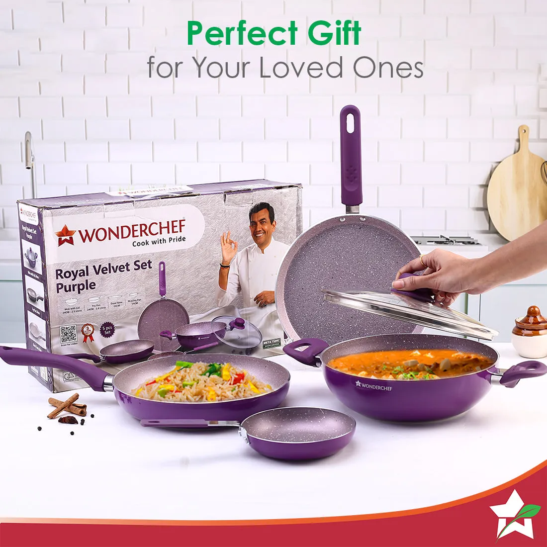 Royal Velvet Non-stick 5-piece Cookware Set (Fry Pan with Lid, Wok, Dosa Tawa, Mini Fry Pan) | Induction Ready (Dosa Tawa only)| Soft-touch handles |Non – Toxic I Virgin Aluminium | 3 mm thick | 2 years warranty | Purple