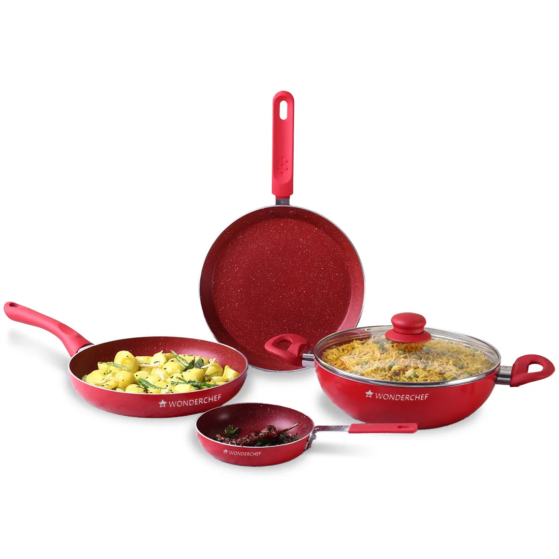 Royal Velvet Non-stick Cookware Set, 5Pc (Fry Pan with Lid, Wok, Dosa Tawa, Mini Fry Pan) Induction bottom, Soft-touch handles, Virgin Grade Aluminium, PFOA/Heavy Metals Free, 3 mm, 2 Years Warranty, Red