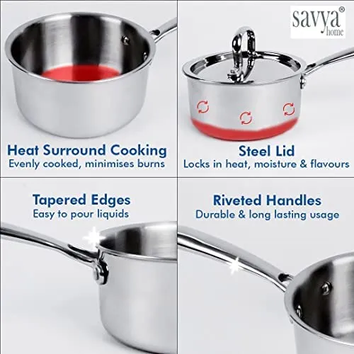 SAVYA HOME® Triply Kadai with SS Lid (26cm)-3 L, Triply Saucepan with SS Lid (18cm), Triply Casserole with SS Lid (22cm) - 4.0 L Combo | Stove & Induction Cookware |Heat Surround Cooking |