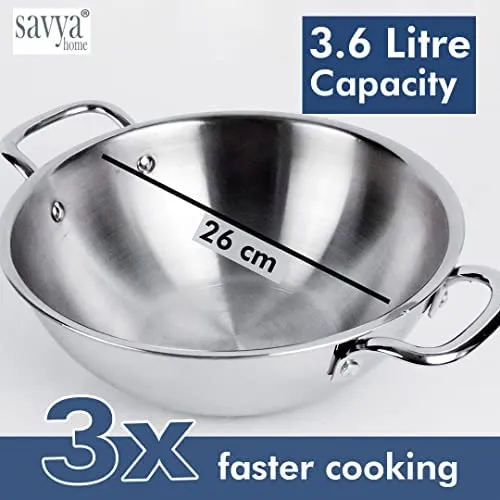 SAVYA HOME® Triply Kadai with SS Lid (26cm)-3 L, Triply Saucepan with SS Lid (18cm), Triply Casserole with SS Lid (22cm) - 4.0 L Combo | Stove & Induction Cookware |Heat Surround Cooking |