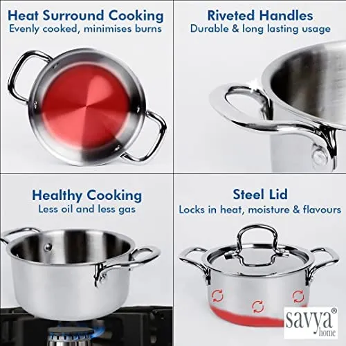 SAVYA HOME® Triply Kadai with SS Lid (26cm)-3 L, Triply Saucepan with SS Lid (18cm), Triply Casserole with SS Lid (22cm) - 4.0 L Combo | Stove & Induction Cookware |Heat Surround Cooking |