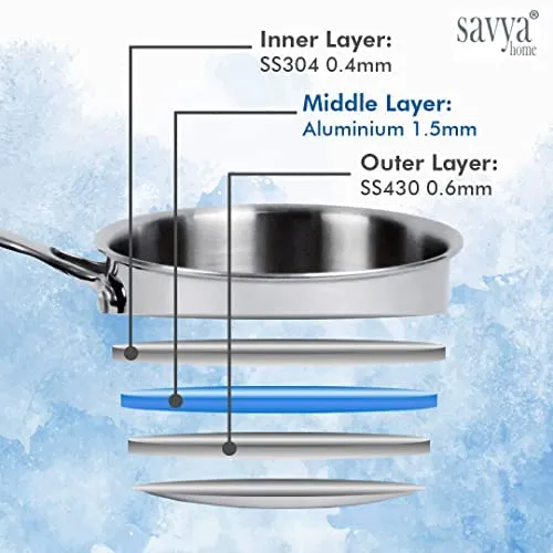 SAVYA HOME® Triply Kadai with SS Lid (26cm)-3 L, Triply Saucepan with SS Lid (18cm), Triply Casserole with SS Lid (22cm) - 4.0 L Combo | Stove & Induction Cookware |Heat Surround Cooking |