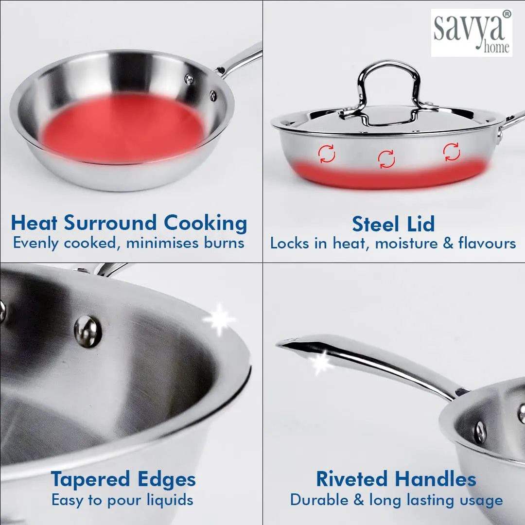 SAVYA HOME Triply Stainless Steel Frying Pan | 22 cm | 1.5 L | Stove & Induction Cookware | Heat Surround Cooking | Easy Grip Handles | Stainless Steel Fry Pan