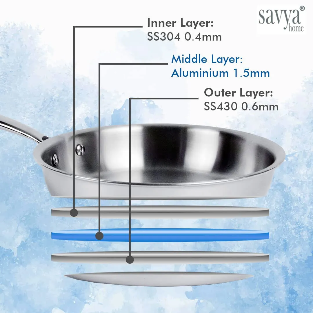 SAVYA HOME Triply Stainless Steel Frying Pan | 22 cm | 1.5 L | Stove & Induction Cookware | Heat Surround Cooking | Easy Grip Handles | Stainless Steel Fry Pan