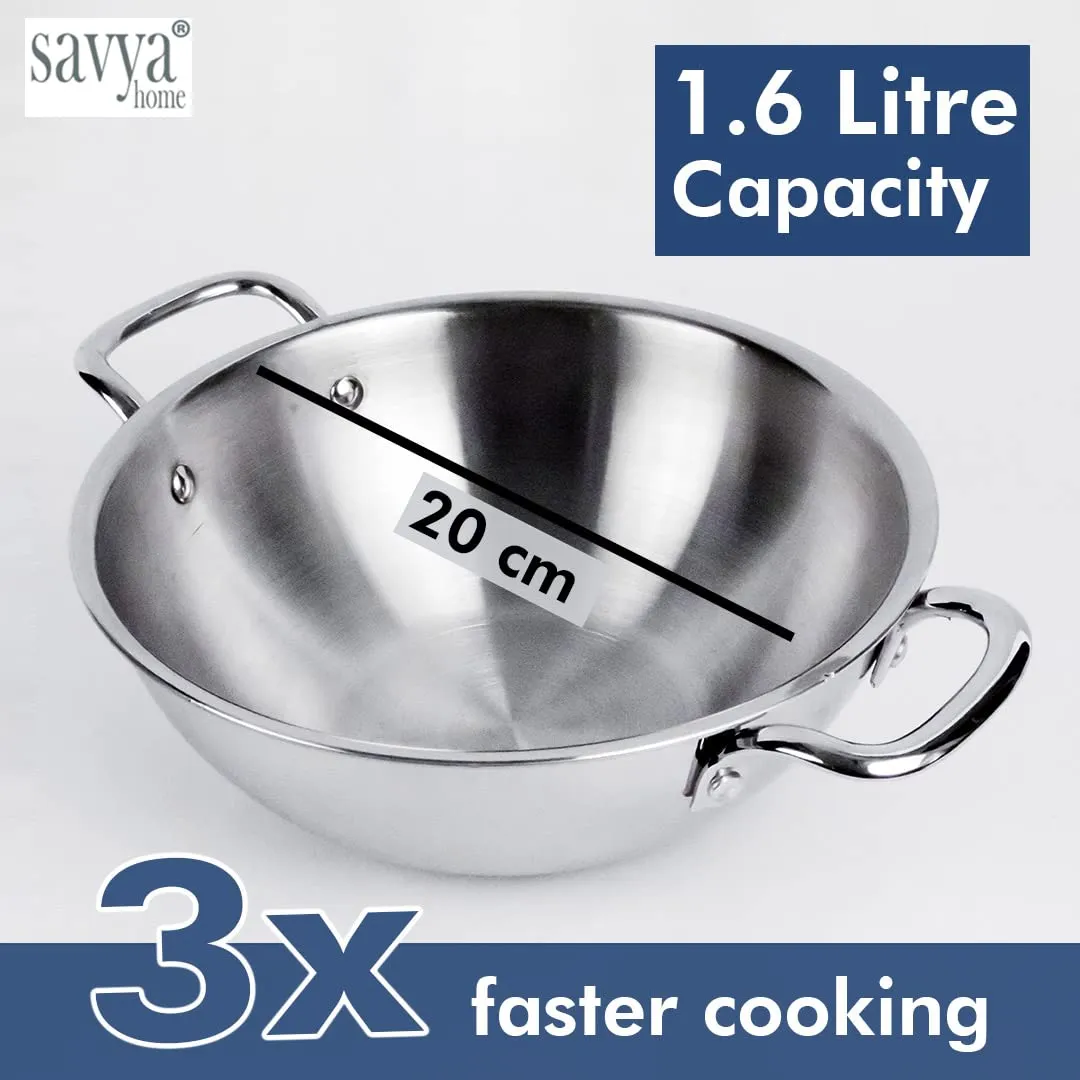 SAVYA HOME Triply Stainless Steel Kadai with Lid | 20 cm Diameter | 1.6 L Capacity | Stove & Induction Cookware | Heat Surround Cooking | Triply Stainless Steel cookware with lid