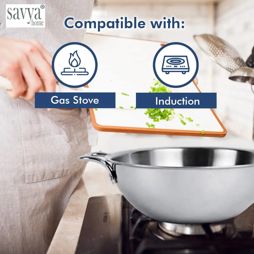 SAVYA HOME Triply Stainless Steel Kadai with Lid | 20 cm Diameter | 1.6 L Capacity | Stove & Induction Cookware | Heat Surround Cooking | Triply Stainless Steel cookware with lid