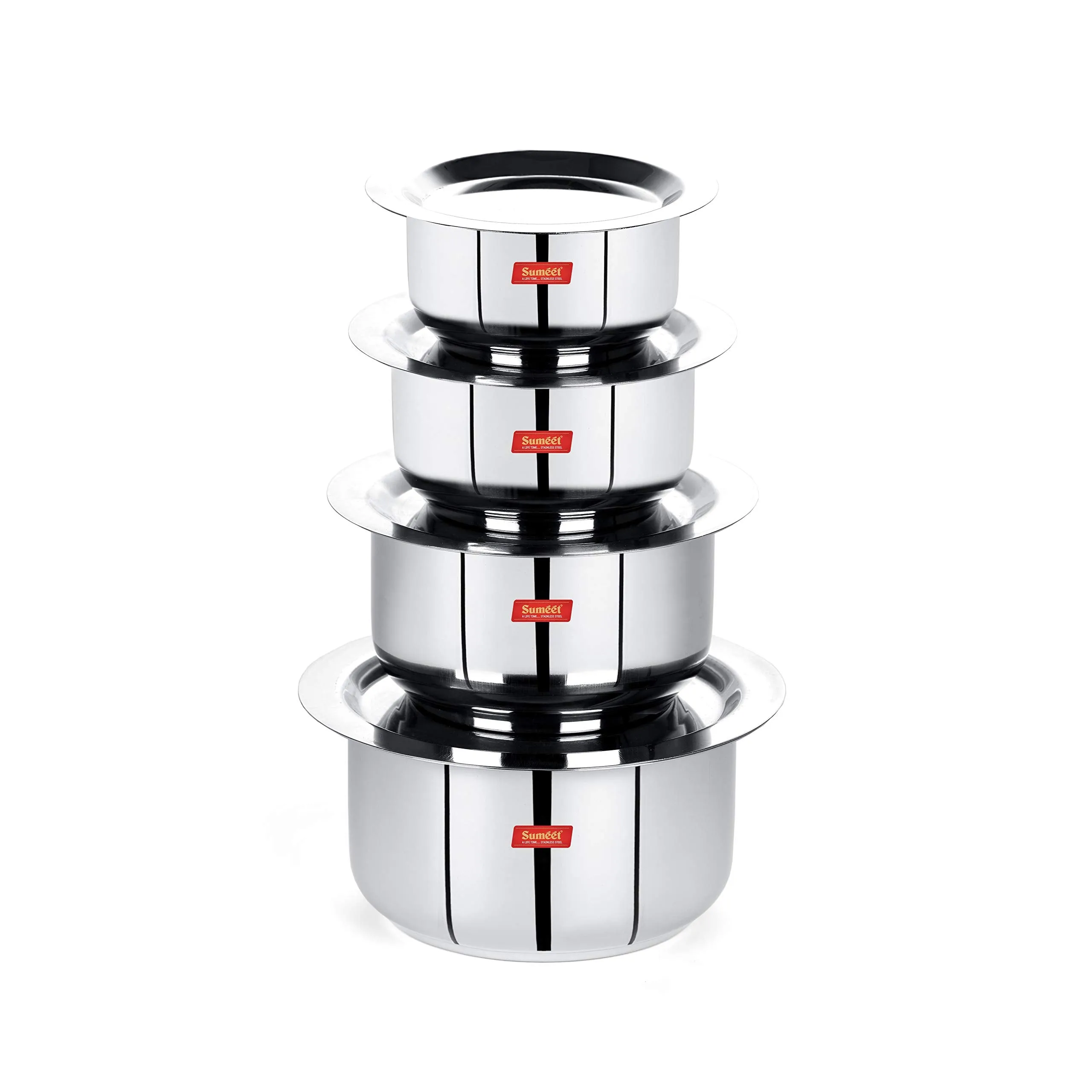 Sumeet Stainless Steel Friendly Tope/patila/cookware With Lids, 370ML, 550ML, 800ML, 1100ML, 4 Piece (Steel)