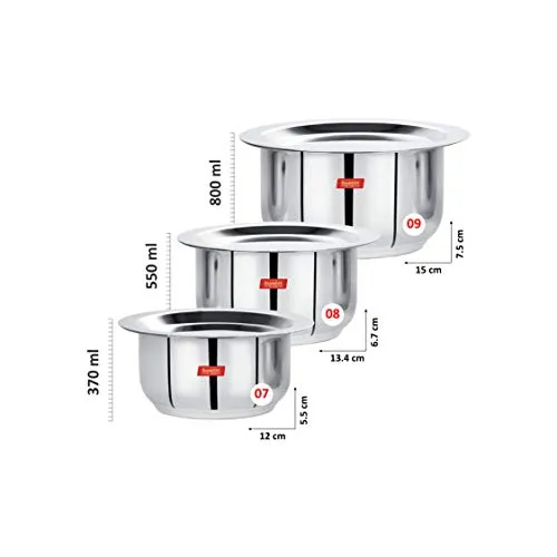 Sumeet Stainless Steel Tope/patila/cookware With Lids, 370, 550, 800ml, 3 Piece (Steel)