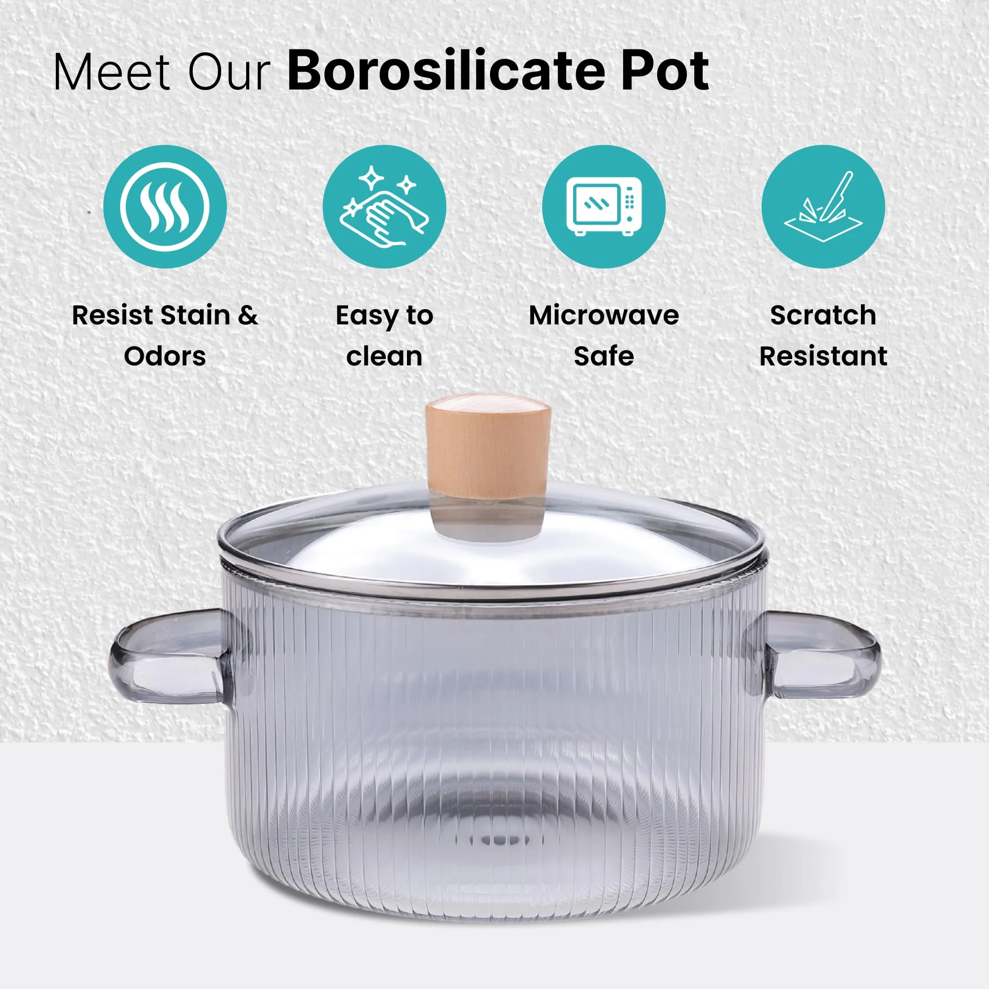 The Better Home Borosilicate Glass Cookware Handi (1.45L)| Tope with Lid | Biryani Handi Casserole with Lid | Electric Pottery Safe | Saucepan with Lid, |Microwave Safe |Housewarming Gift Grey