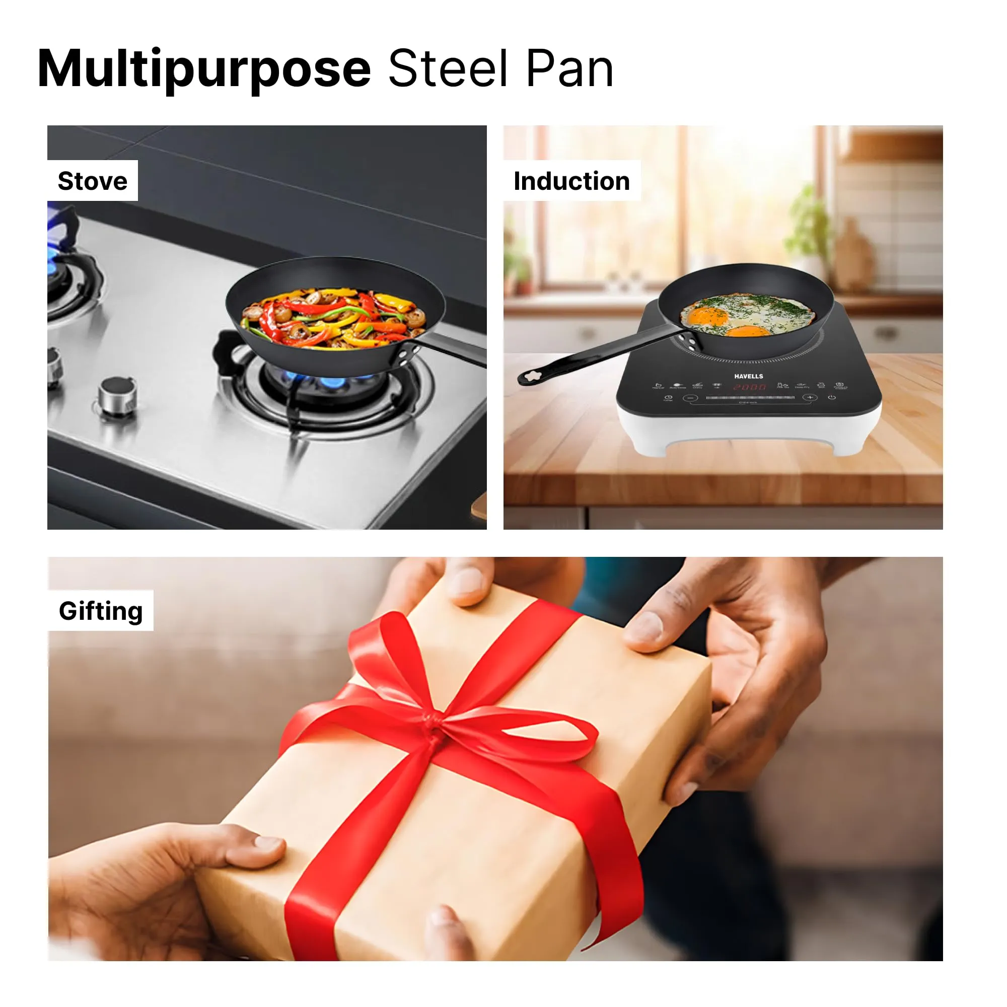 The Better Home Carbon Steel Pan (28cm - 11 Inch) | Pre-Seasoned Frying Pan Non Stick | Gas & Induction Cookware | Omelette Pan | Fish Fry Pan | Frypan Non Stick | Pan for Cooking (Black)