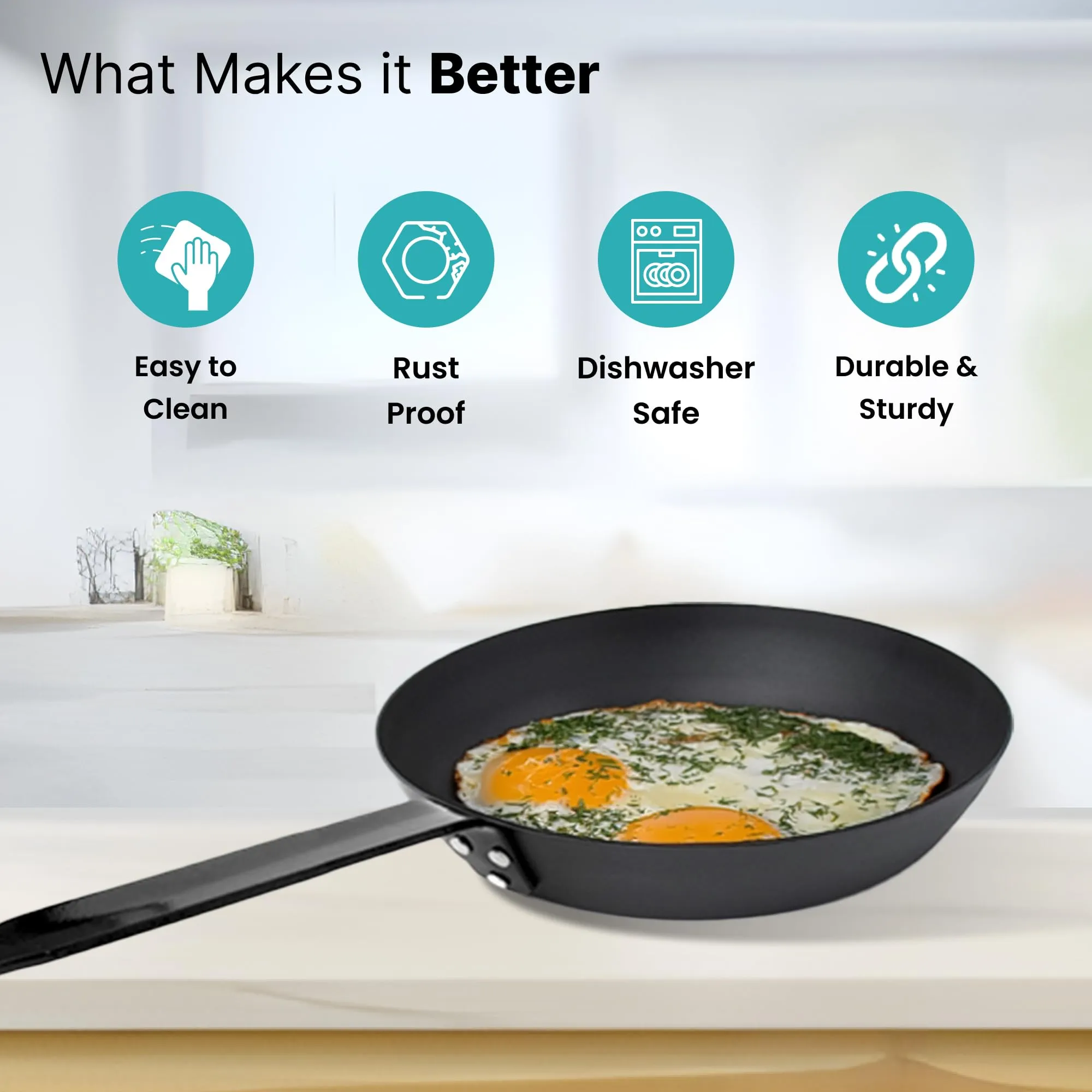 The Better Home Carbon Steel Pan (28cm - 11 Inch) | Pre-Seasoned Frying Pan Non Stick | Gas & Induction Cookware | Omelette Pan | Fish Fry Pan | Frypan Non Stick | Pan for Cooking (Black)