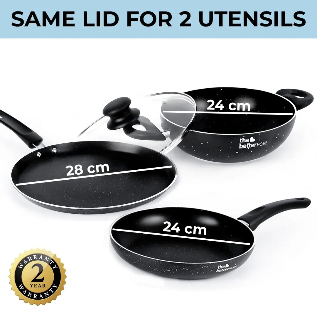 The Better Home Non Stick Induction Cookware (3mm Thickness)| Induction Utensils for Cooking |Non Stick Frying Pan (24cm), Non Stick Dosa Tawa (28cm), Non Stick Kadai (24cm) | 3 Layer Nonstick Coating