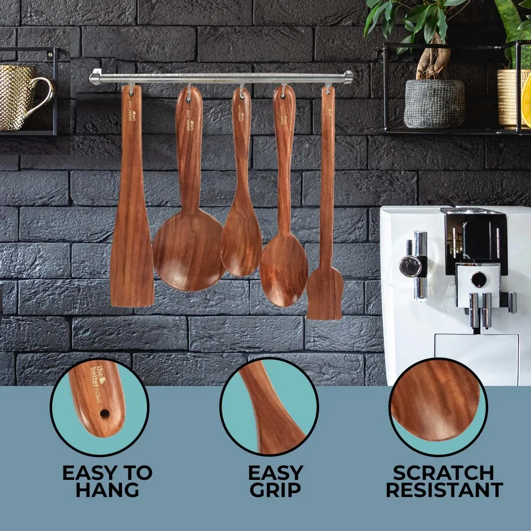 The Better Home Sheesham Wooden Spatula, Ladle and Spoon | for Cooking in Non Stick Pan |100% Natural Wooden ladles and Wooden Spoons | Heat Resistant & Durable (Pack of 5)