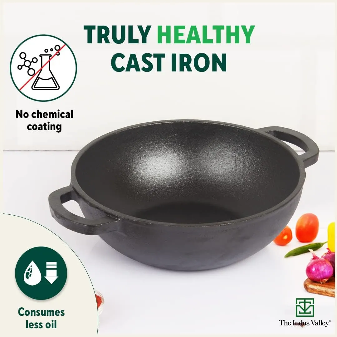 The Indus Valley Pre-Seasoned Cast Iron Cookware Set   Free Iron Tadka Pan | Tawa(30.2cm)  Kadai(25.4cm/2.3L)  Fry pan(23cm/1.4L) | Kitchen Cooking Combo Pots and Pans Set of 4Pcs | Naturally Nonstick