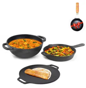 The Indus Valley Pre-Seasoned Cast Iron Cookware Set   Free Iron Tadka Pan | Tawa(30.2cm)  Kadai(25.4cm/2.3L)  Fry pan(23cm/1.4L) | Kitchen Cooking Combo Pots and Pans Set of 4Pcs | Naturally Nonstick