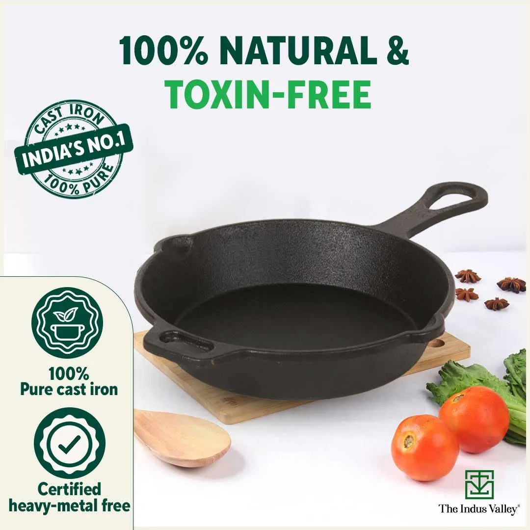 The Indus Valley Pre-Seasoned Cast Iron Cookware Set   Free Iron Tadka Pan | Tawa(30.2cm)  Kadai(25.4cm/2.3L)  Fry pan(23cm/1.4L) | Kitchen Cooking Combo Pots and Pans Set of 4Pcs | Naturally Nonstick