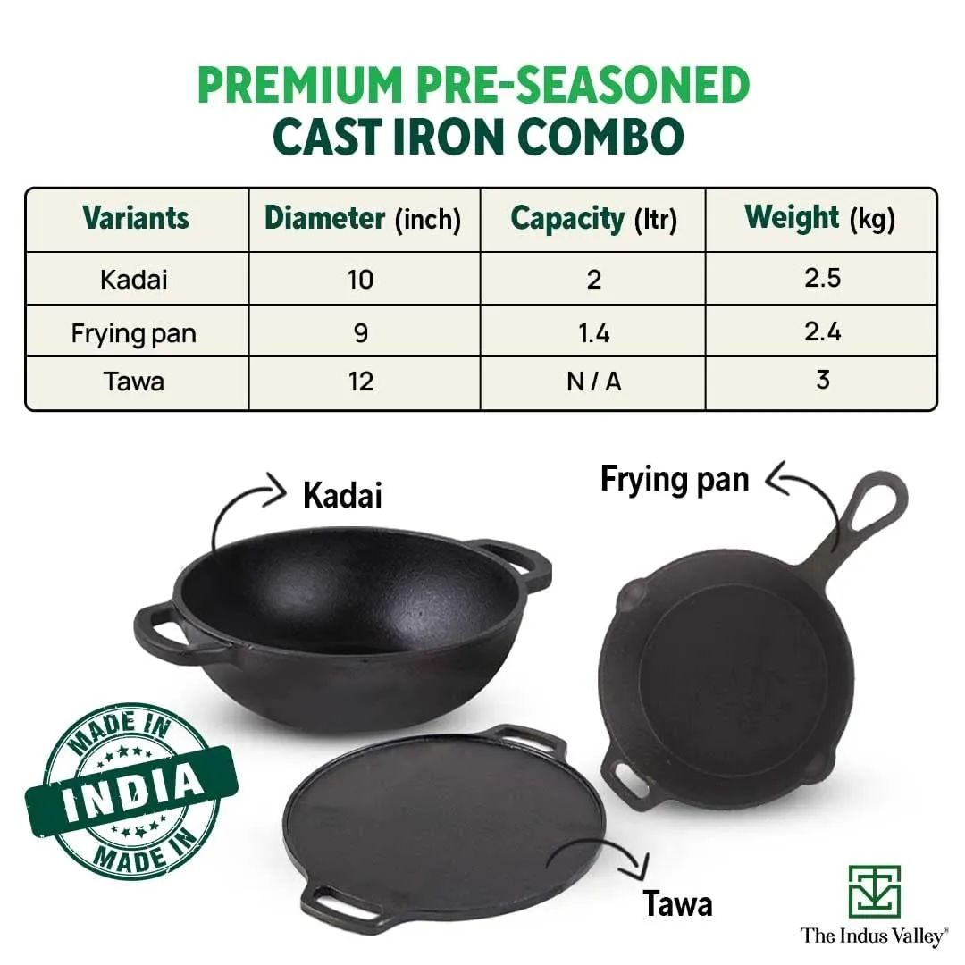 The Indus Valley Pre-Seasoned Cast Iron Cookware Set   Free Iron Tadka Pan | Tawa(30.2cm)  Kadai(25.4cm/2.3L)  Fry pan(23cm/1.4L) | Kitchen Cooking Combo Pots and Pans Set of 4Pcs | Naturally Nonstick