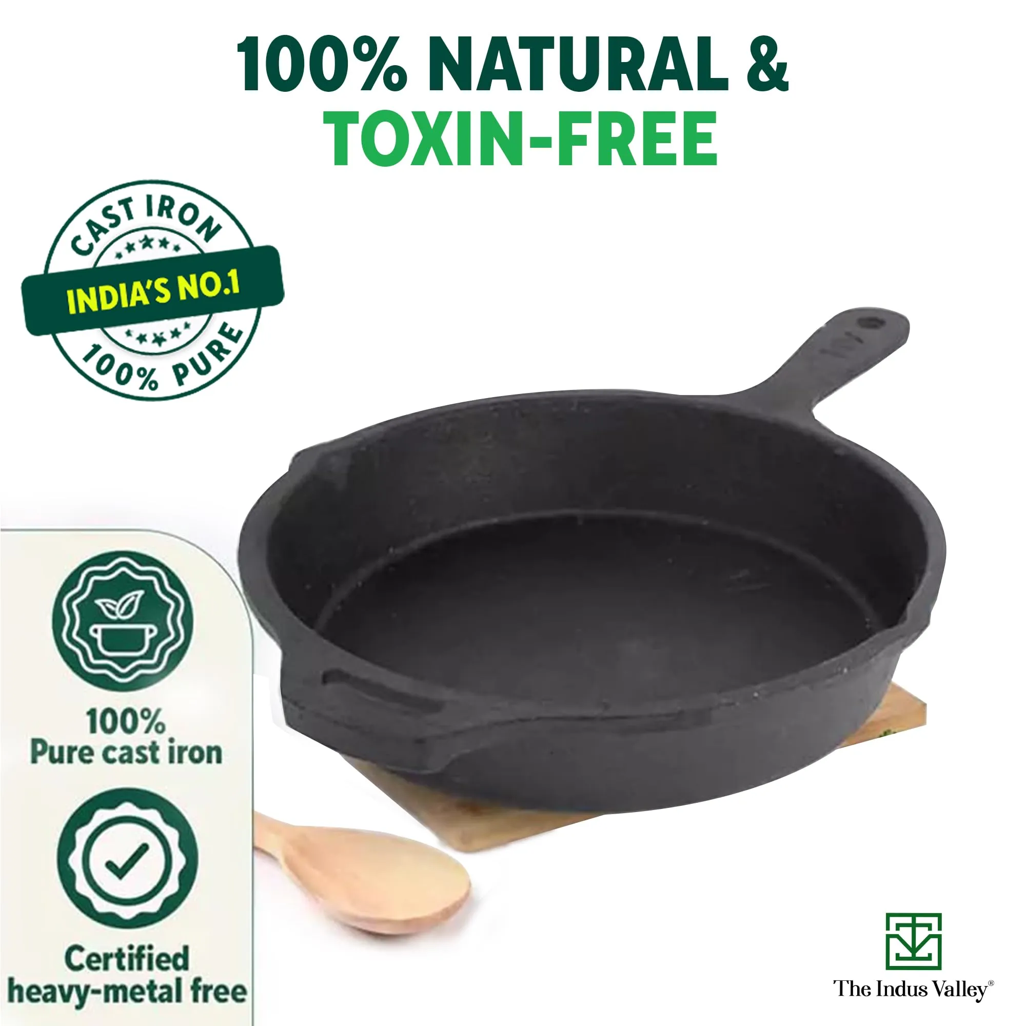 The Indus Valley Pre-Seasoned Cast Iron Fry Pan/Skillet With Silicone Grip|Medium 25Cm/10 Inch, 1.6Ltr, 2.4Kg|Induction Friendly|Nonstick Fry Pan, 100% Pure & Toxin Free, No Chemical Coating, Black