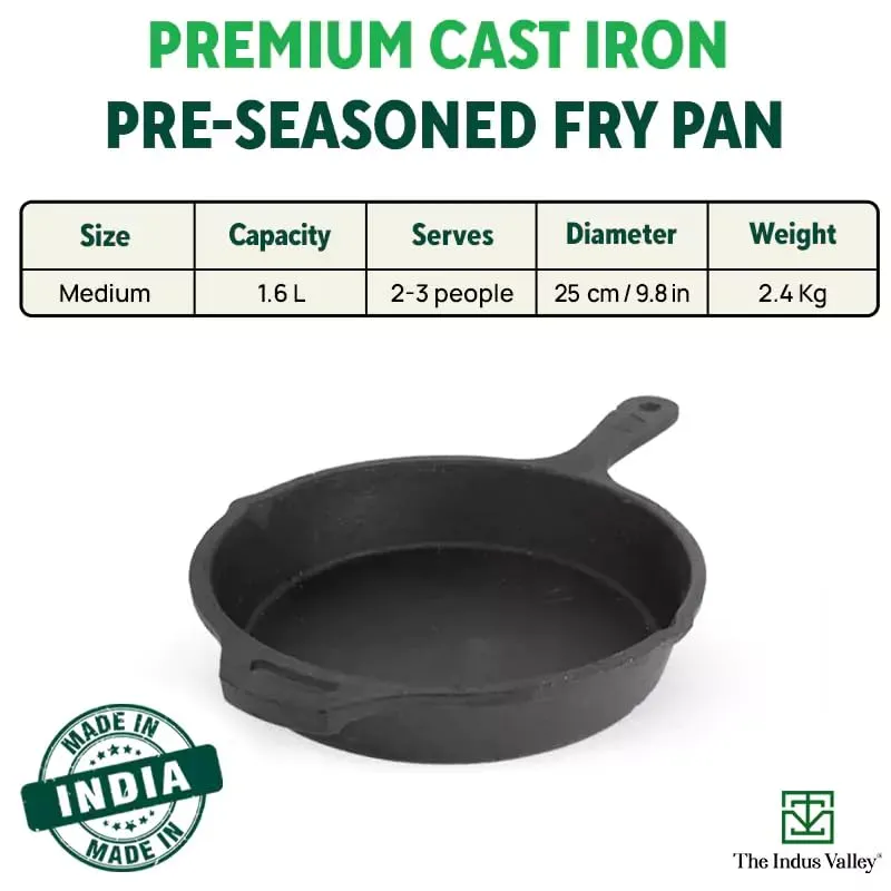 The Indus Valley Pre-Seasoned Cast Iron Fry Pan/Skillet With Silicone Grip|Medium 25Cm/10 Inch, 1.6Ltr, 2.4Kg|Induction Friendly|Nonstick Fry Pan, 100% Pure & Toxin Free, No Chemical Coating, Black