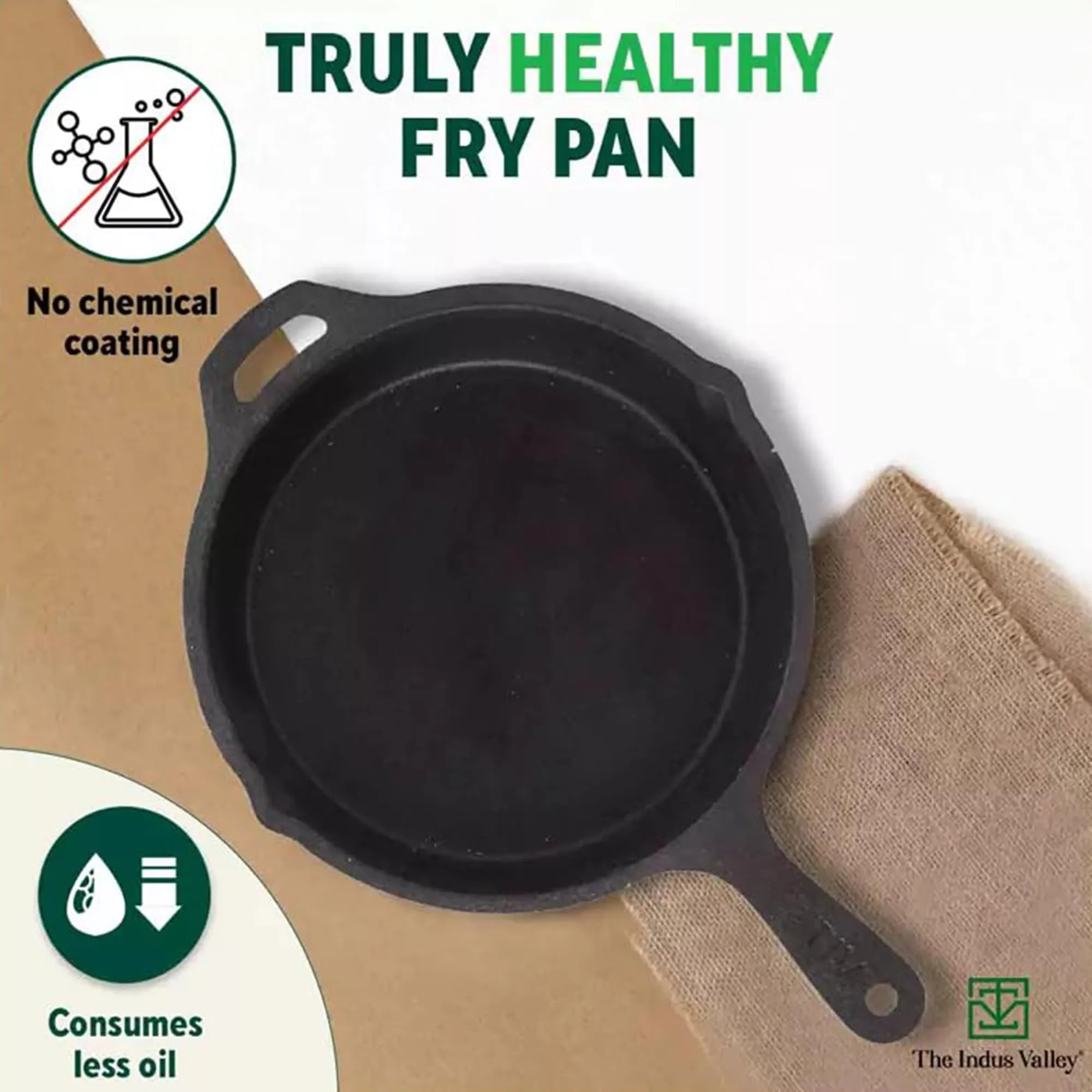 The Indus Valley Pre-Seasoned Cast Iron Fry Pan/Skillet With Silicone Grip|Medium 25Cm/10 Inch, 1.6Ltr, 2.4Kg|Induction Friendly|Nonstick Fry Pan, 100% Pure & Toxin Free, No Chemical Coating, Black