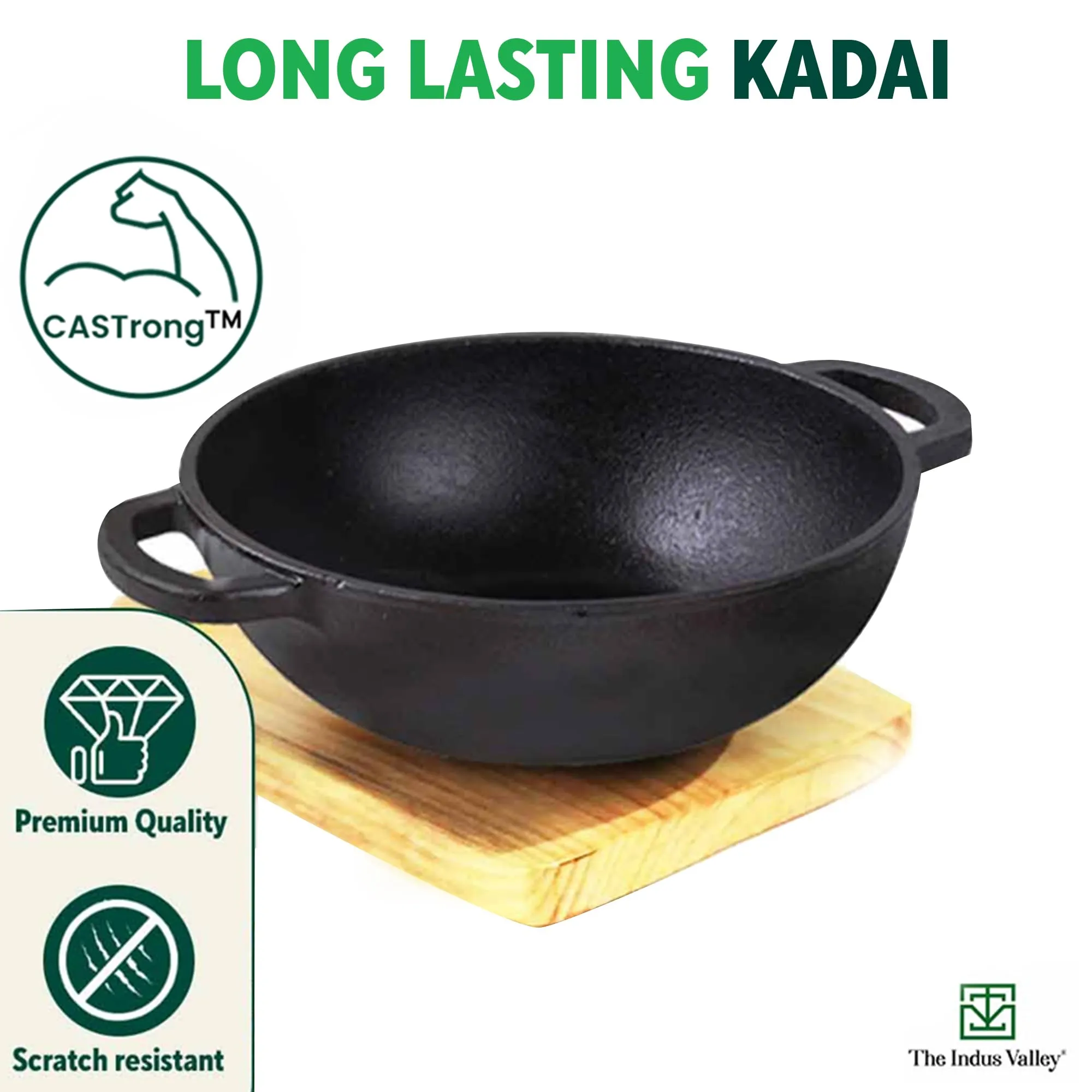 The Indus Valley Pre-Seasoned Cast Iron Kadai with Flat Handles | Medium, 25.4 cm/10 inch, 2.3Ltr, 2.5kg | Naturally Nonstick Kadhai, 100% Pure & Toxin-Free, No Chemical Coating