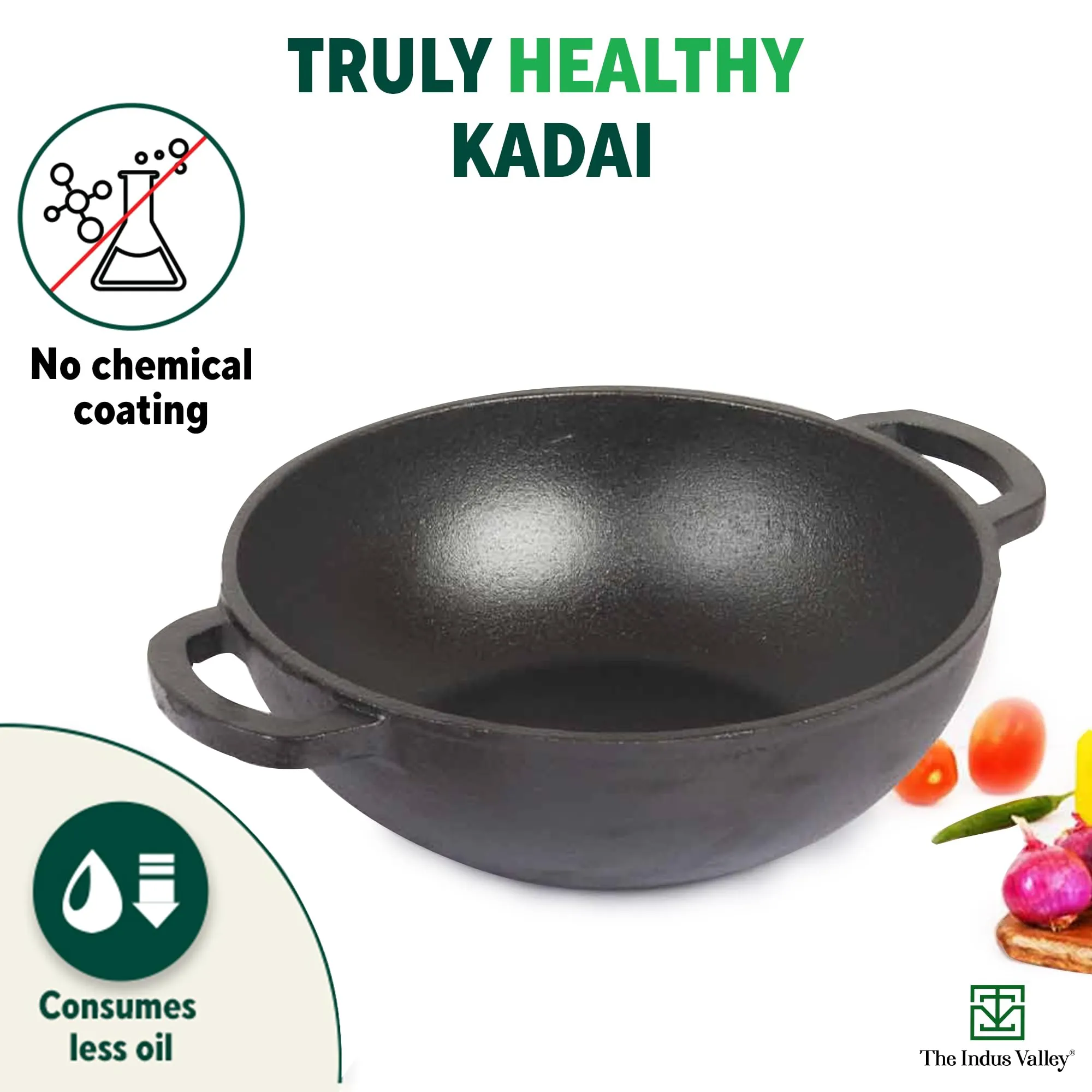 The Indus Valley Pre-Seasoned Cast Iron Kadai with Flat Handles | Medium, 25.4 cm/10 inch, 2.3Ltr, 2.5kg | Naturally Nonstick Kadhai, 100% Pure & Toxin-Free, No Chemical Coating