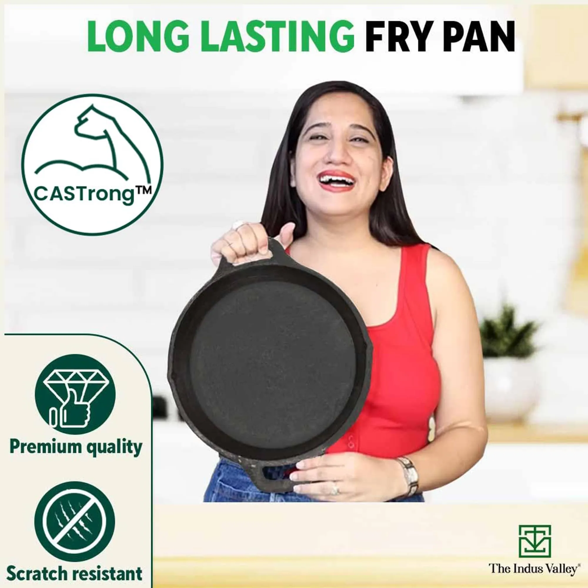 The Indus Valley Preseasoned Cast Iron Fry Pan/Skillet With Double Handle|Medium 24.6Cm/ 9.7Inch,1.8Ltr,2.6Kg|Induction Friendly|Nonstick Fry Pan,100% Pure & Toxin Free,No Chemical Coating,Black