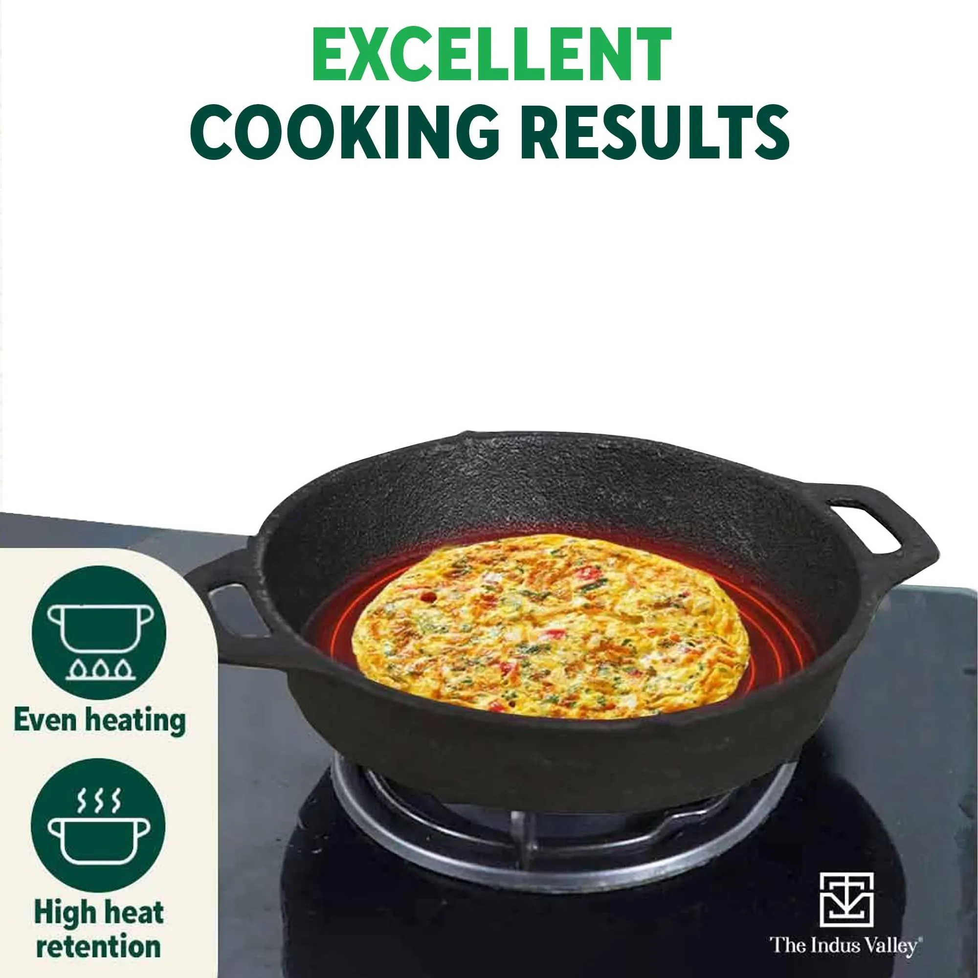 The Indus Valley Preseasoned Cast Iron Fry Pan/Skillet With Double Handle|Medium 24.6Cm/ 9.7Inch,1.8Ltr,2.6Kg|Induction Friendly|Nonstick Fry Pan,100% Pure & Toxin Free,No Chemical Coating,Black