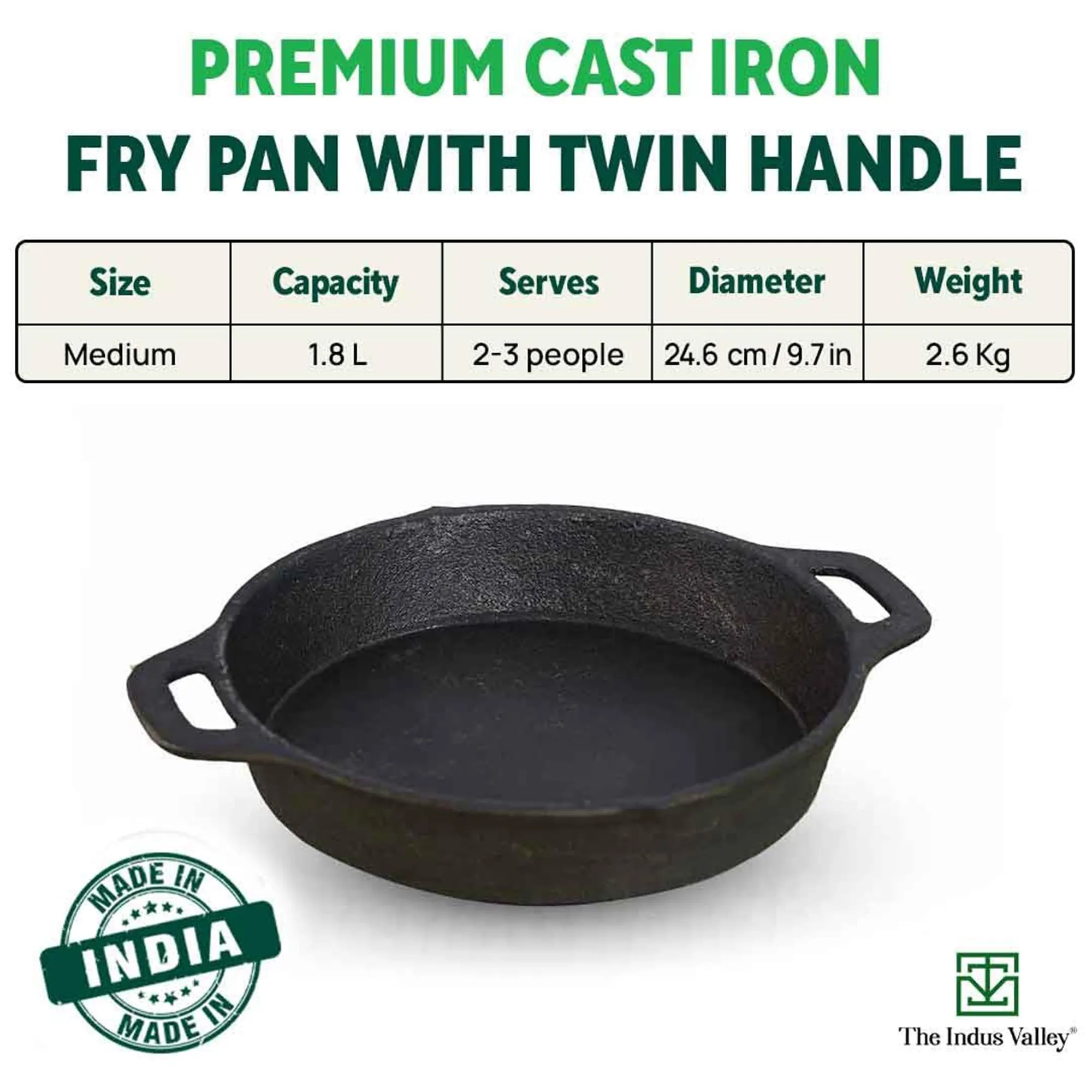 The Indus Valley Preseasoned Cast Iron Fry Pan/Skillet With Double Handle|Medium 24.6Cm/ 9.7Inch,1.8Ltr,2.6Kg|Induction Friendly|Nonstick Fry Pan,100% Pure & Toxin Free,No Chemical Coating,Black