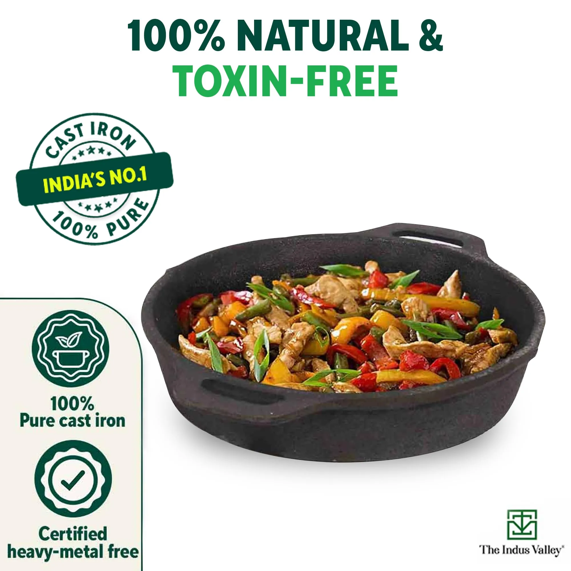 The Indus Valley Preseasoned Cast Iron Fry Pan/Skillet With Double Handle|Medium 24.6Cm/ 9.7Inch,1.8Ltr,2.6Kg|Induction Friendly|Nonstick Fry Pan,100% Pure & Toxin Free,No Chemical Coating,Black