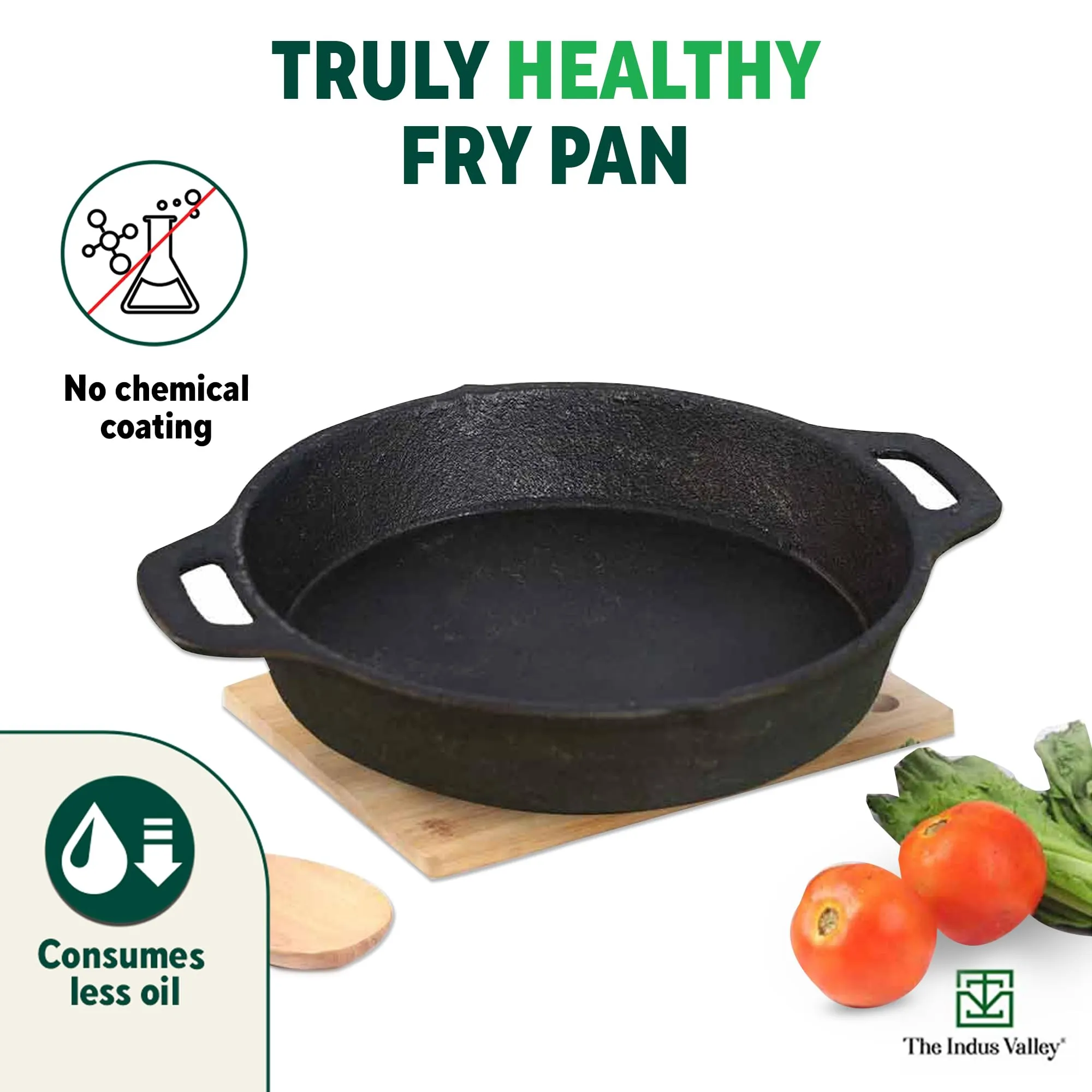 The Indus Valley Preseasoned Cast Iron Fry Pan/Skillet With Double Handle|Medium 24.6Cm/ 9.7Inch,1.8Ltr,2.6Kg|Induction Friendly|Nonstick Fry Pan,100% Pure & Toxin Free,No Chemical Coating,Black