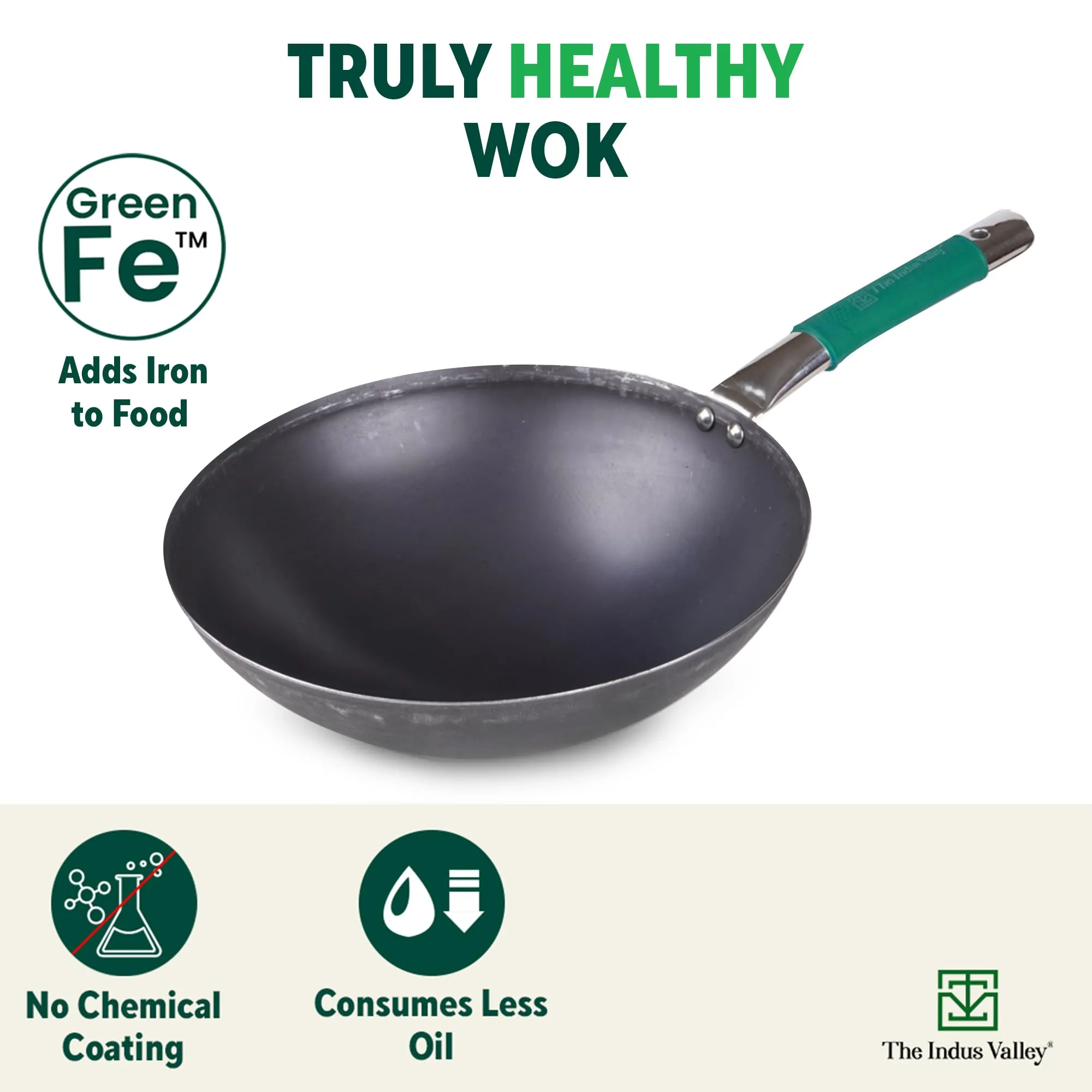 The Indus Valley Pure Iron Wok with Silicone Grip | Large, 30.8cm/12.1 inch, 3.5Ltr, 1.4kg | Gas Compatible | Pre-Seasoned Wok, 100% Pure & Toxin-Free, No Chemical Coating