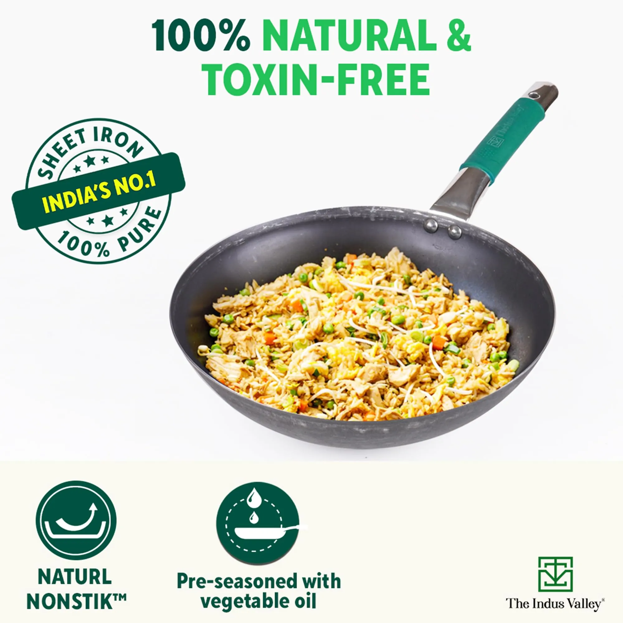 The Indus Valley Pure Iron Wok with Silicone Grip | Large, 30.8cm/12.1 inch, 3.5Ltr, 1.4kg | Gas Compatible | Pre-Seasoned Wok, 100% Pure & Toxin-Free, No Chemical Coating