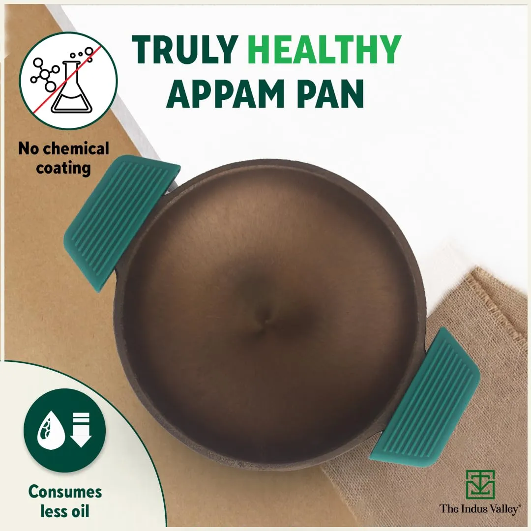 The Indus Valley Super Smooth Cast Iron Appam Pan with Silicon Grip | 22cm/8.7 inch, 1.7kg | Gas Compatible | Pre-Seasoned, 100% Toxin-Free, Naturally Non-Stick, Long Lasting