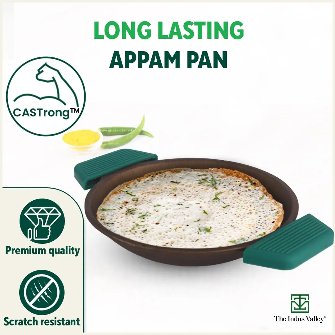 The Indus Valley Super Smooth Cast Iron Appam Pan with Silicon Grip | 22cm/8.7 inch, 1.7kg | Gas Compatible | Pre-Seasoned, 100% Toxin-Free, Naturally Non-Stick, Long Lasting