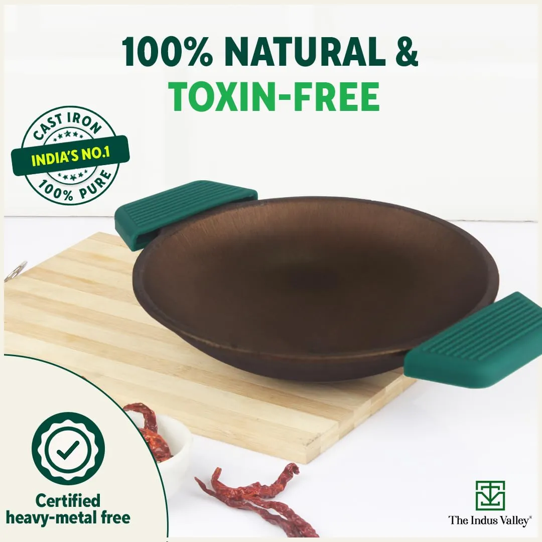 The Indus Valley Super Smooth Cast Iron Appam Pan with Silicon Grip | 22cm/8.7 inch, 1.7kg | Gas Compatible | Pre-Seasoned, 100% Toxin-Free, Naturally Non-Stick, Long Lasting