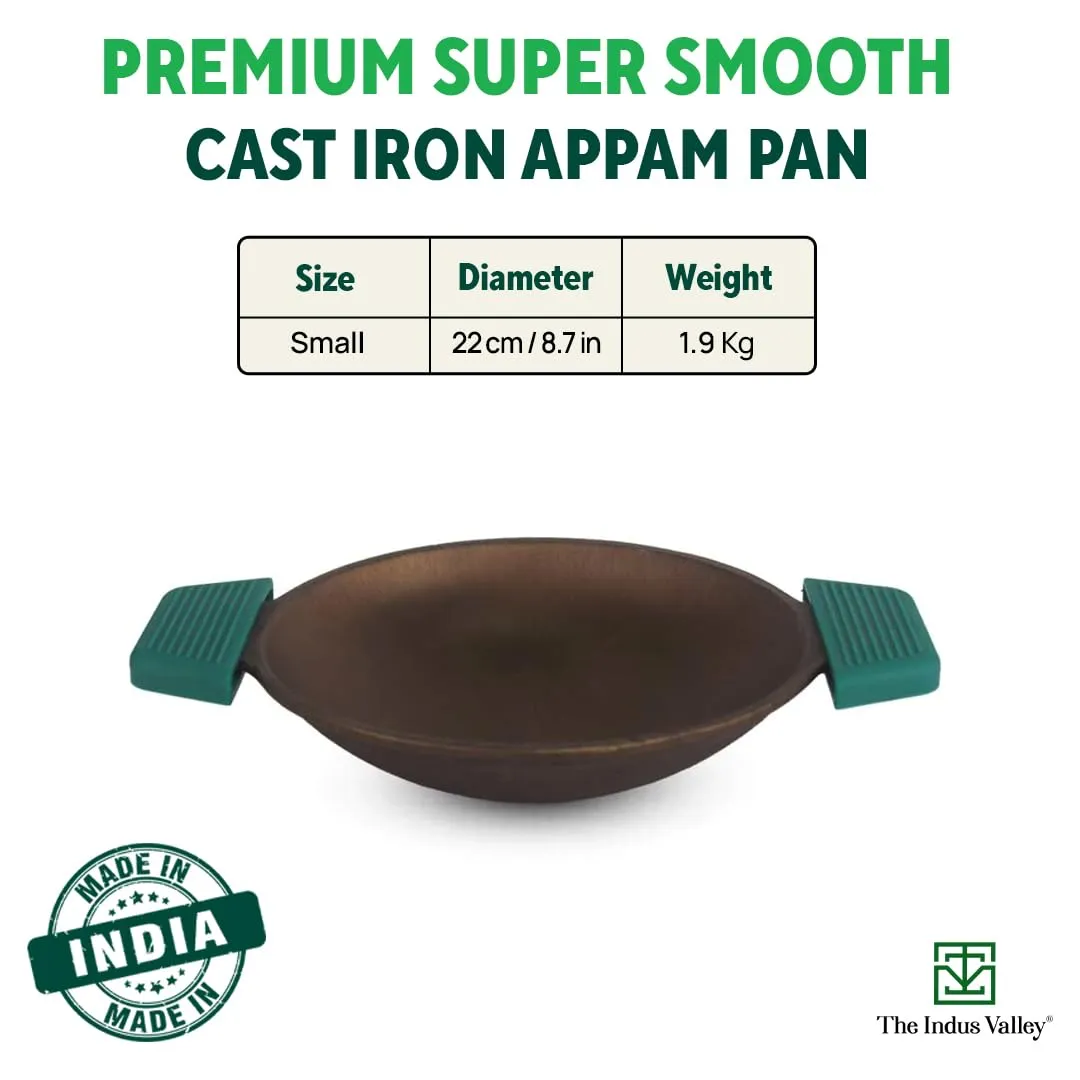 The Indus Valley Super Smooth Cast Iron Appam Pan with Silicon Grip | 22cm/8.7 inch, 1.7kg | Gas Compatible | Pre-Seasoned, 100% Toxin-Free, Naturally Non-Stick, Long Lasting