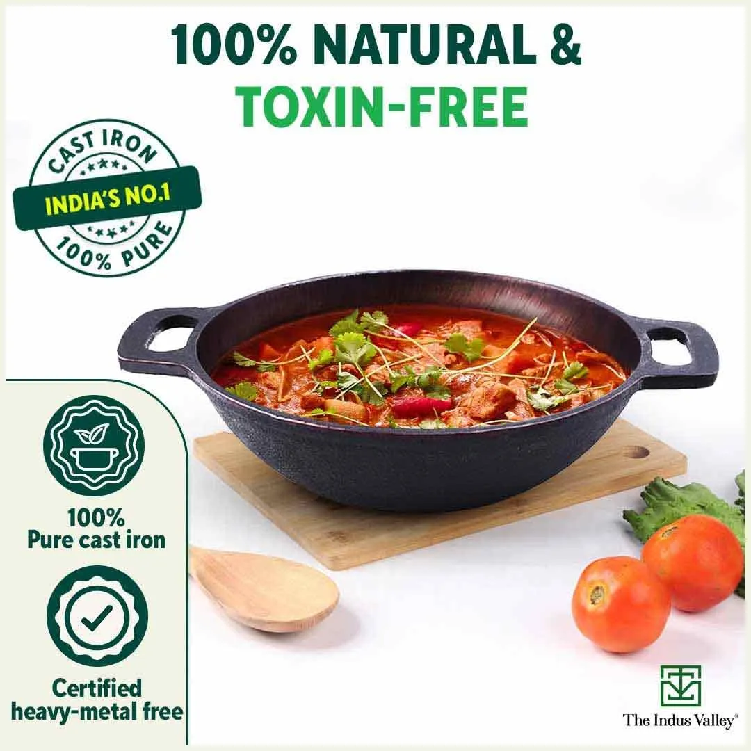 The Indus Valley Super Smooth Cast Iron Kadai with Free Wooden Spatula | Medium, 25.4cm/10 inch, 2.5Ltr, 2.4kg | Naturally Nonstick, Pre-Seasoned Kadhai, 100% Pure & Toxin-Free, No Chemical Coating