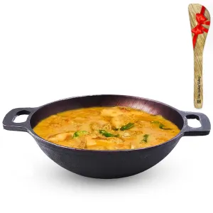 The Indus Valley Super Smooth Cast Iron Kadai with Free Wooden Spatula | Medium, 25.4cm/10 inch, 2.5Ltr, 2.4kg | Naturally Nonstick, Pre-Seasoned Kadhai, 100% Pure & Toxin-Free, No Chemical Coating