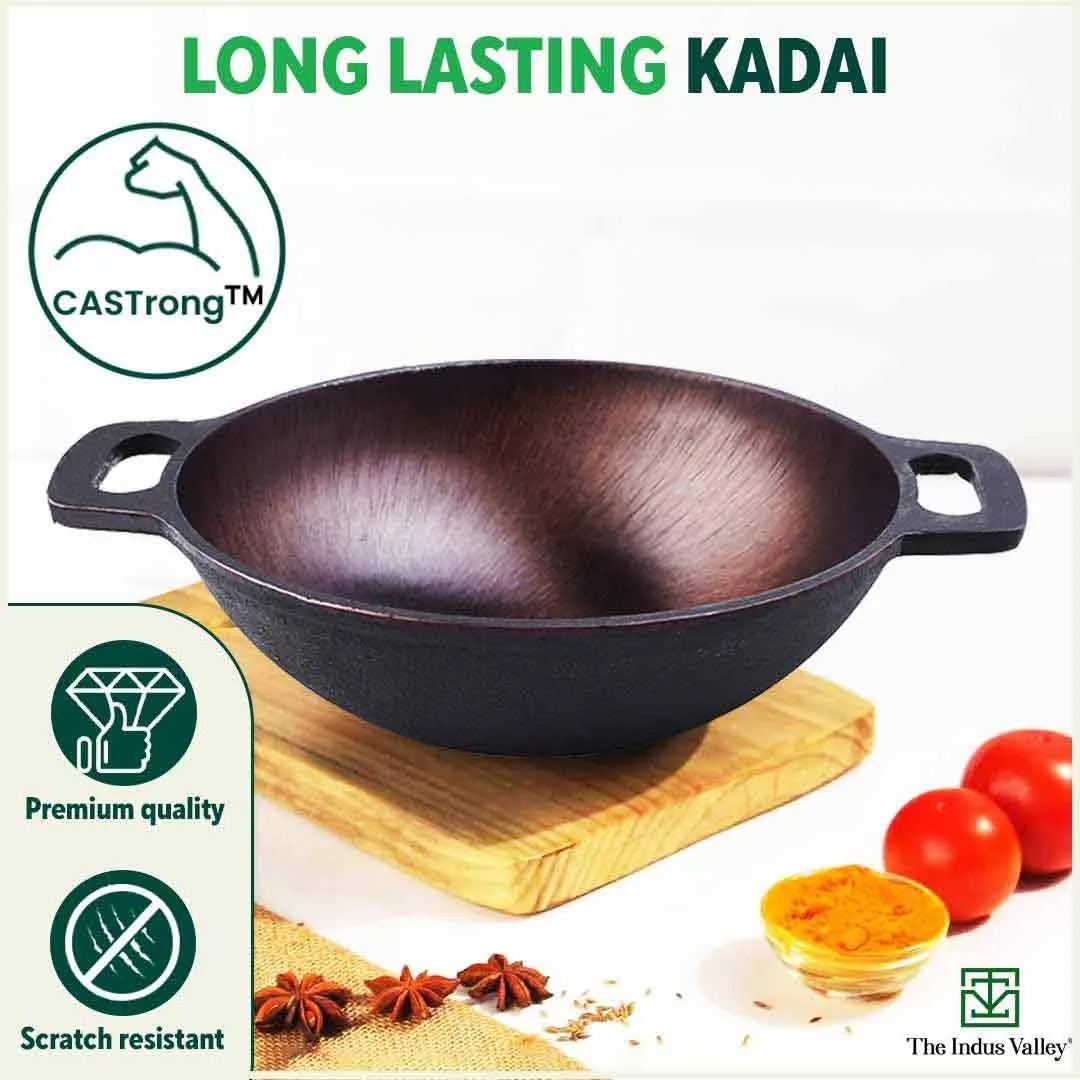 The Indus Valley Super Smooth Cast Iron Kadai with Free Wooden Spatula | Medium, 25.4cm/10 inch, 2.5Ltr, 2.4kg | Naturally Nonstick, Pre-Seasoned Kadhai, 100% Pure & Toxin-Free, No Chemical Coating