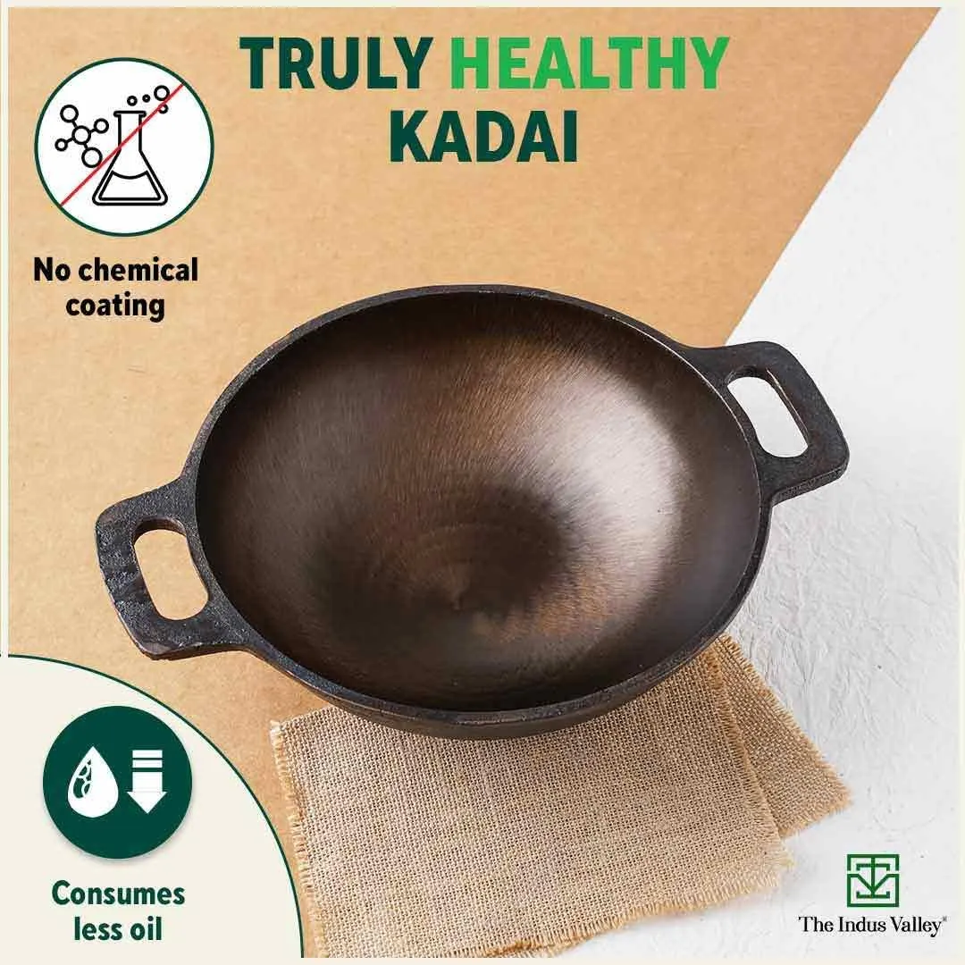 The Indus Valley Super Smooth Cast Iron Kadai with Free Wooden Spatula | Medium, 25.4cm/10 inch, 2.5Ltr, 2.4kg | Naturally Nonstick, Pre-Seasoned Kadhai, 100% Pure & Toxin-Free, No Chemical Coating