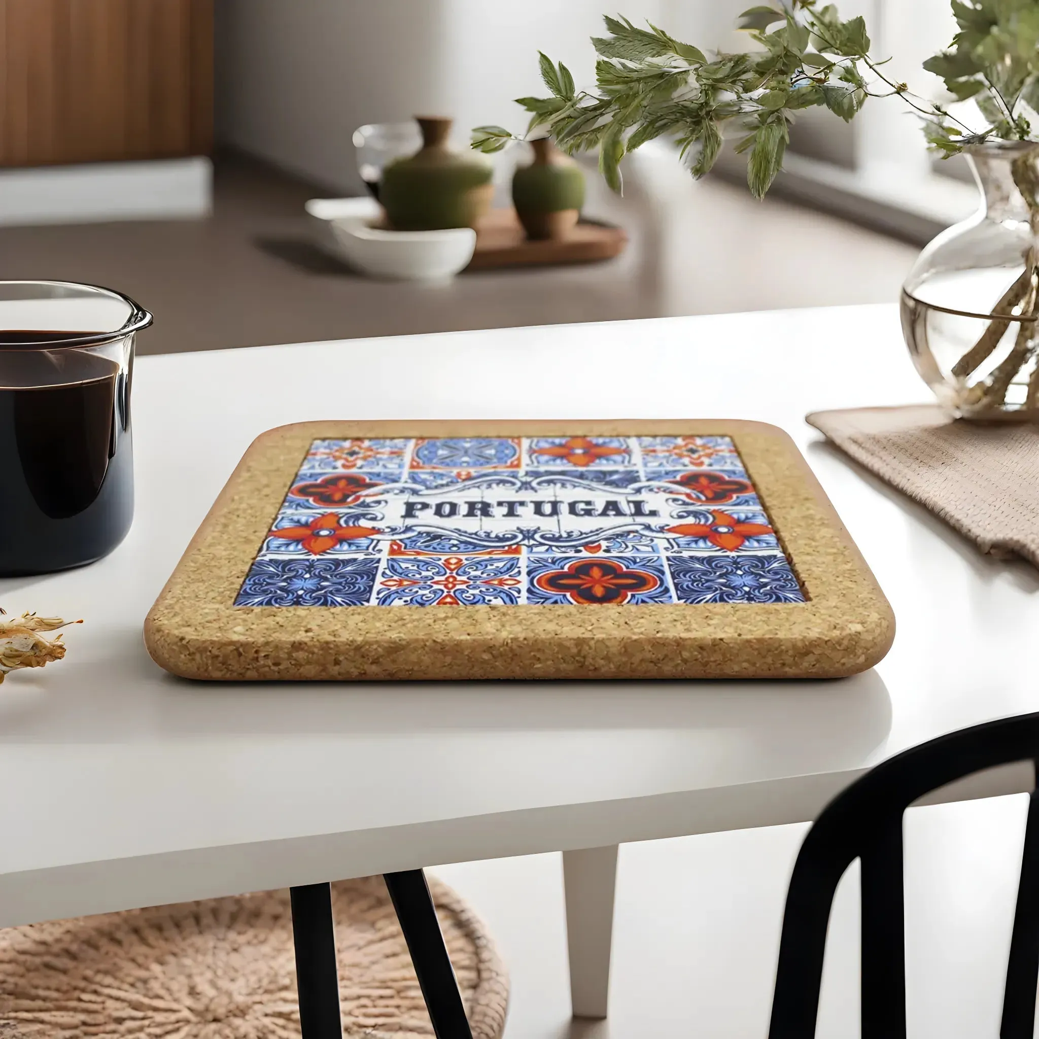 Traditional Portuguese Blue and Orange Tile Azulejo Tile Cork Trivet