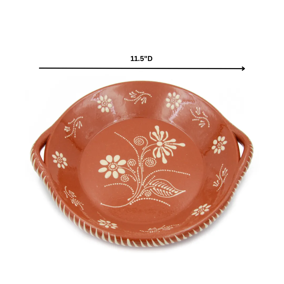 Traditional Portuguese Pottery Terracotta Clay Hand Painted Cooking Dish With Handles